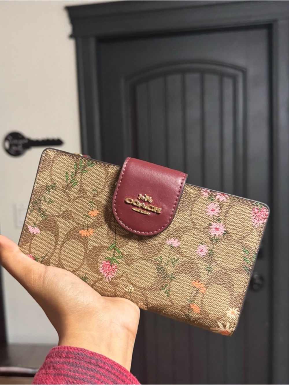 Coach Brown Signature Floral Wallet with Burgundy Snap